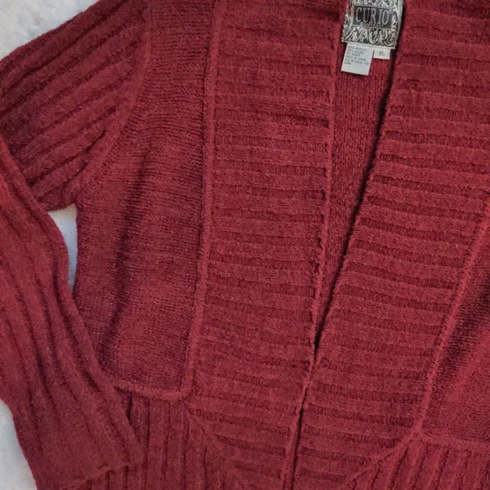 Curio Knit Cardigan Sweater Pink Ribbed Open Front Winter Soft Cozy Art XL